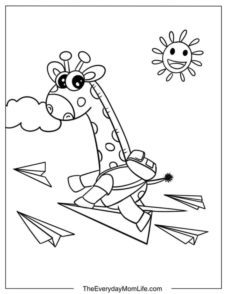 Cartoon Flying Giraffe on a Paper Airplane