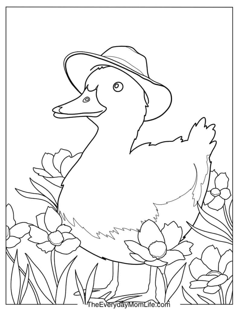 Duck with a Hat in Flower Bushes