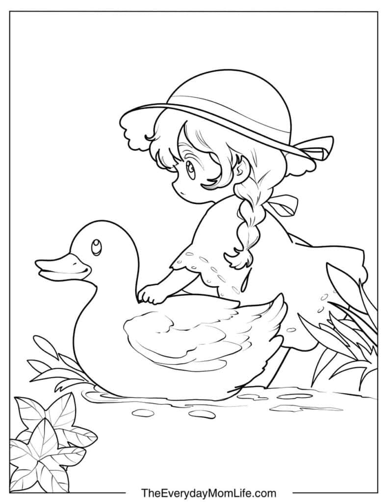 Girl with a Hat and Duck in the Water