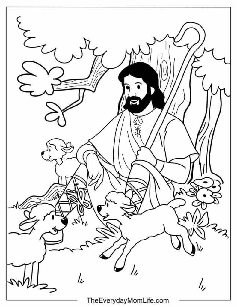 Shepherd and Sheep coloring Page